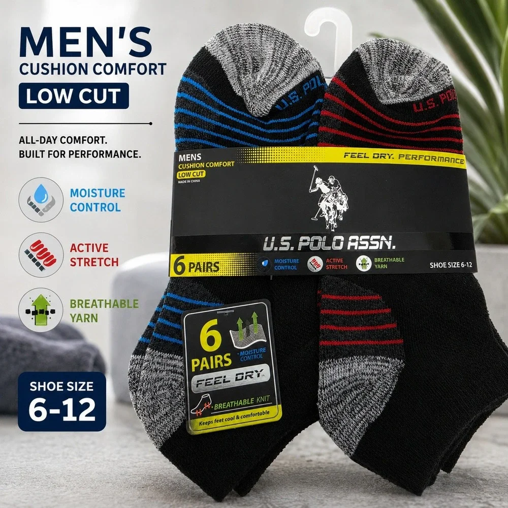 US Polo Assn Mens 6 Pair Low Cut Cushion Comfort Performance Socks Size 6-12 New